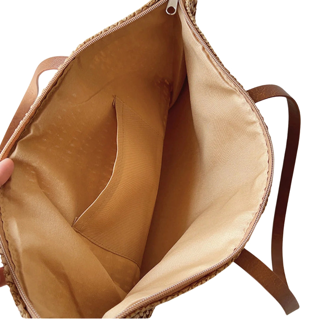 Sac panier tressé avec poignées en cuir – Élégance naturelle et praticité estivale