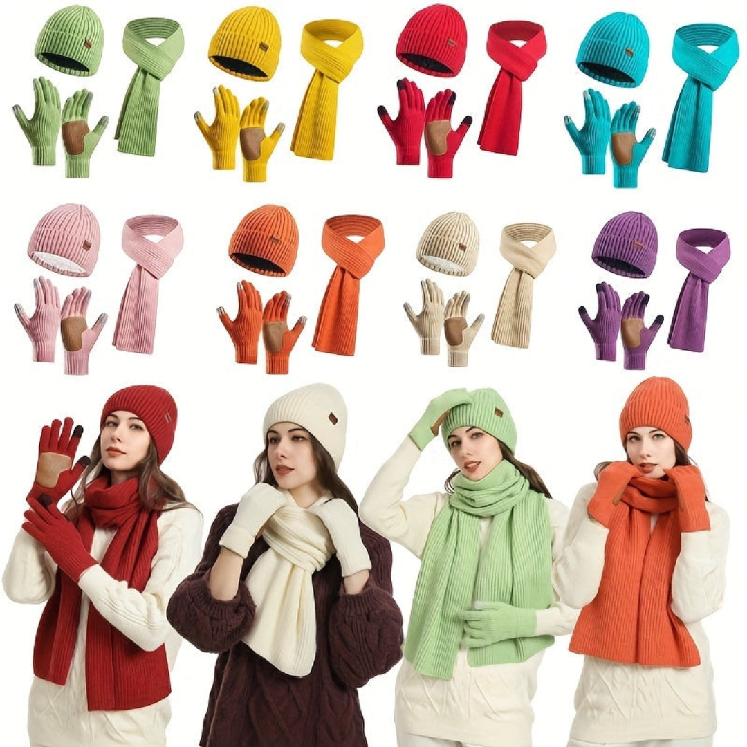 Ensemble d’hiver tricoté 3 pièces – Bonnet, écharpe et gants unisexes chauds et élégants
