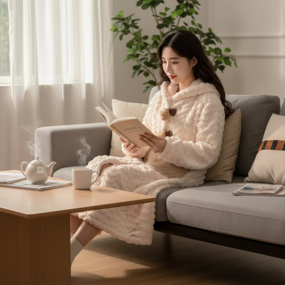 Peignoir à capuche et manches longues pour femme, style hivernal