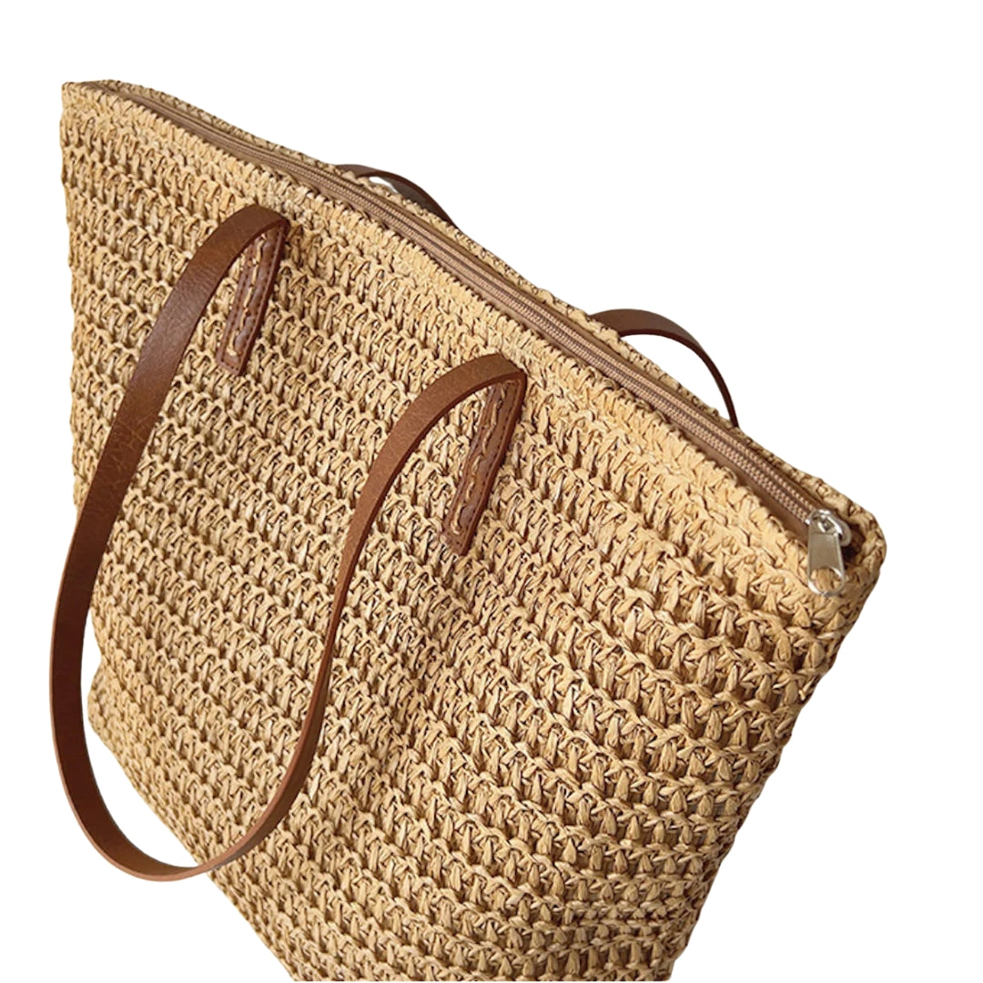 Sac panier tressé avec poignées en cuir – Élégance naturelle et praticité estivale