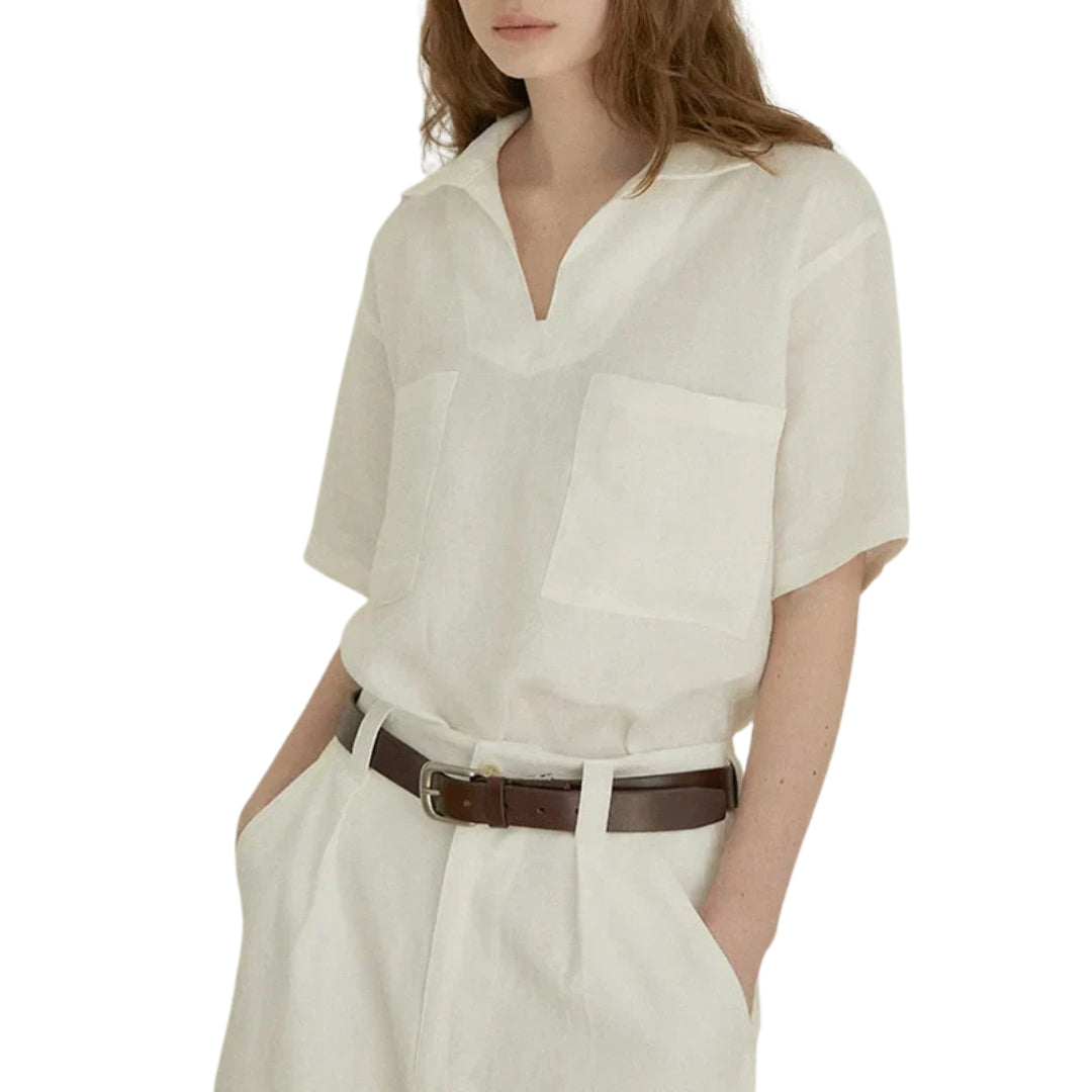 Chemisier femme en lin naturel – Col V, manches courtes et coupe fluide pour l’été