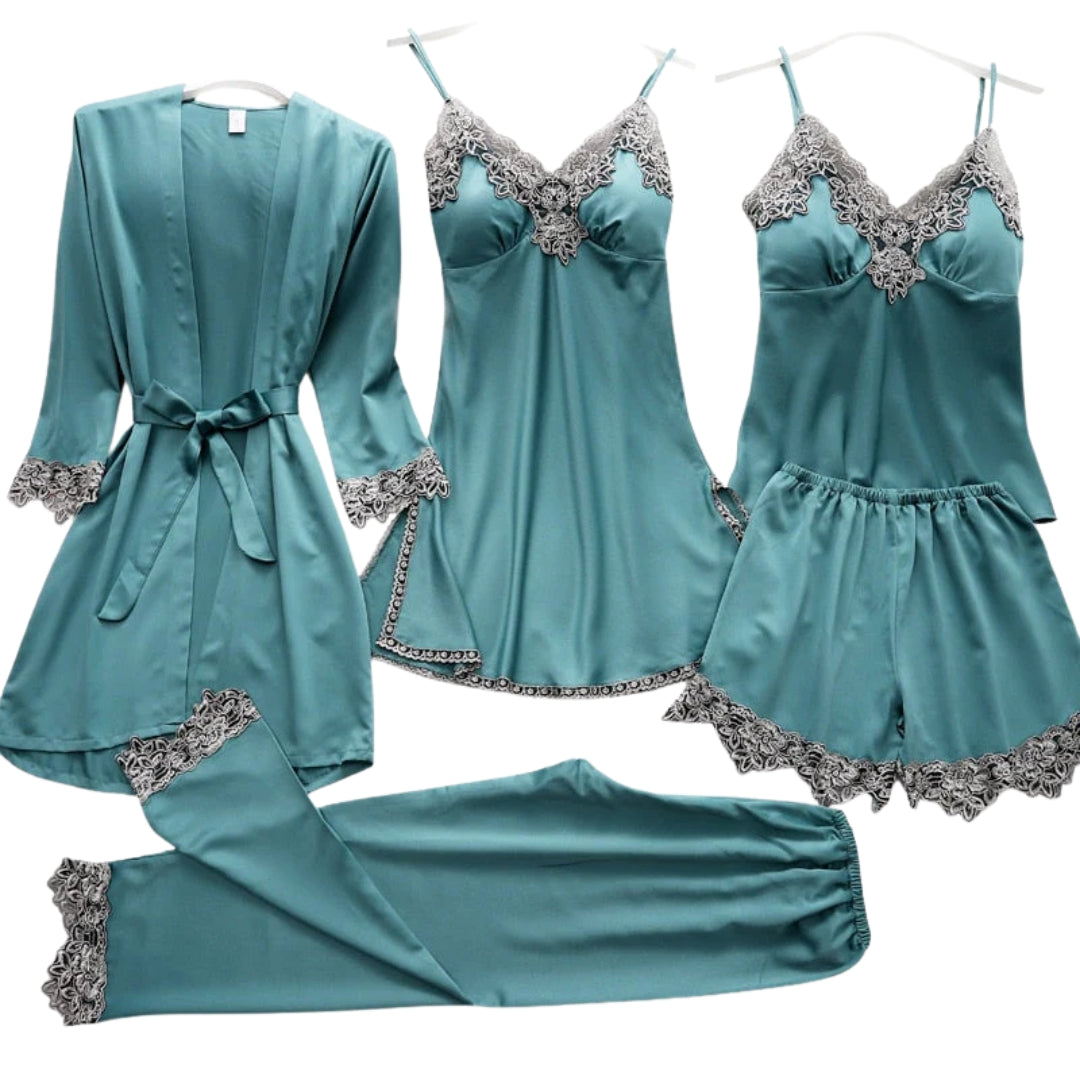 Ensemble de nuit 5 pièces en satin & dentelle