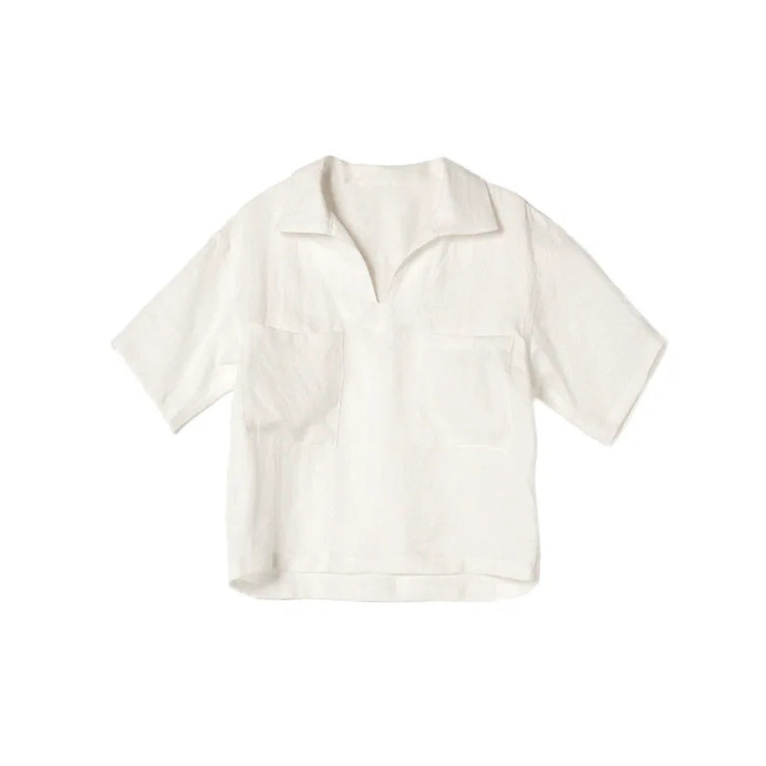 Chemisier femme en lin naturel – Col V, manches courtes et coupe fluide pour l’été