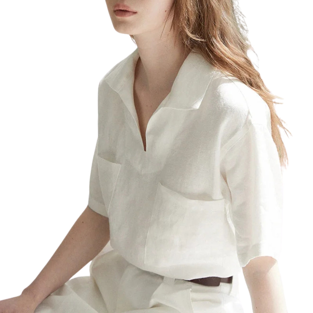 Chemisier femme en lin naturel – Col V, manches courtes et coupe fluide pour l’été