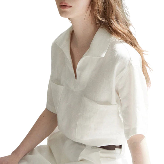 Chemisier femme en lin naturel – Col V, manches courtes et coupe fluide pour l’été