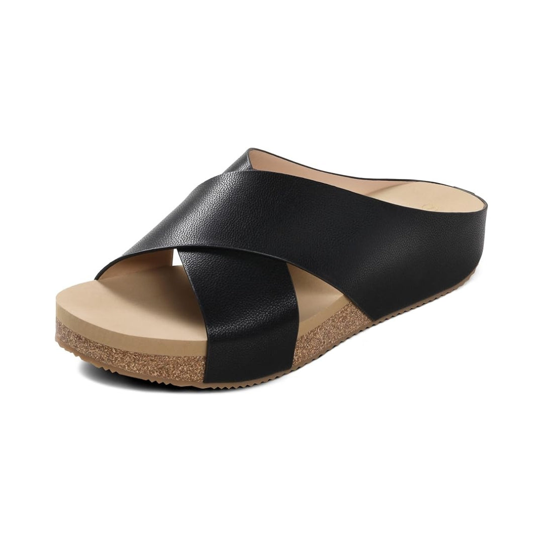 Sandales plates à plateforme croisée pour femmes, avec design à enfiler, avec semelle en liège