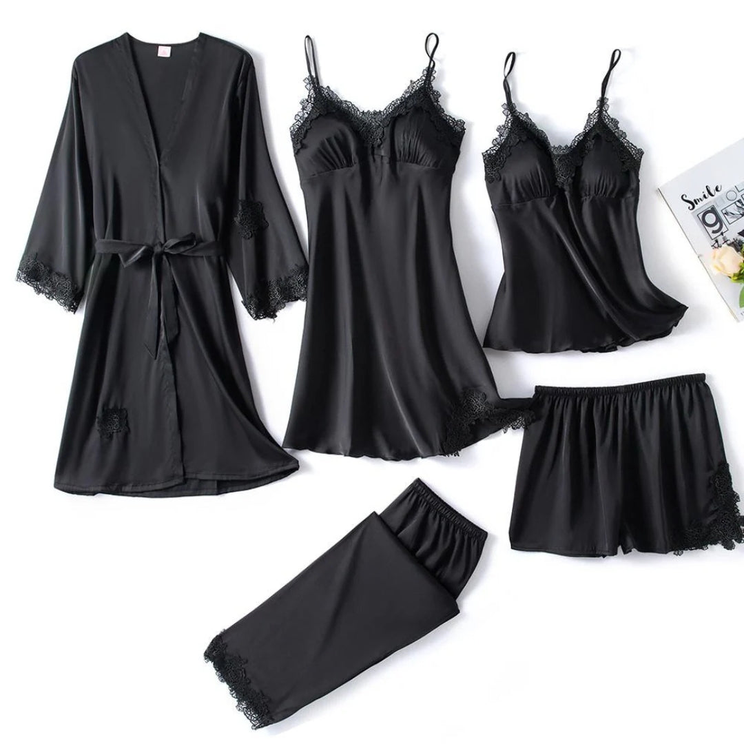 Ensemble de nuit 5 pièces en satin & dentelle